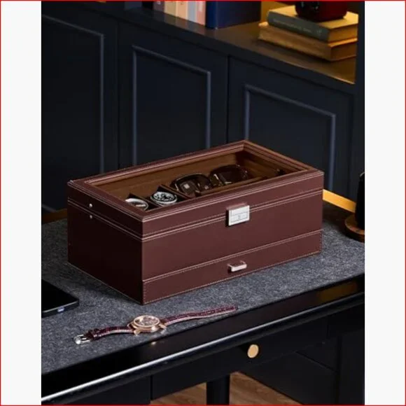 Lockable Watch Case with PU Leather, 6 Slots and Sunglasses Storage
